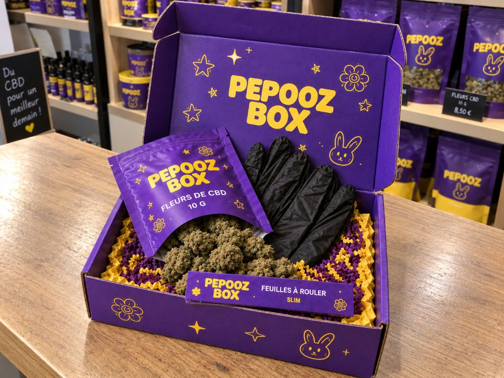 Pepooz Box ouverte avec ses fleurs, feuilles et gants noirs