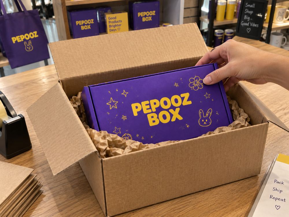 Une Pepooz Box placée dans un emballage extérieur kraft